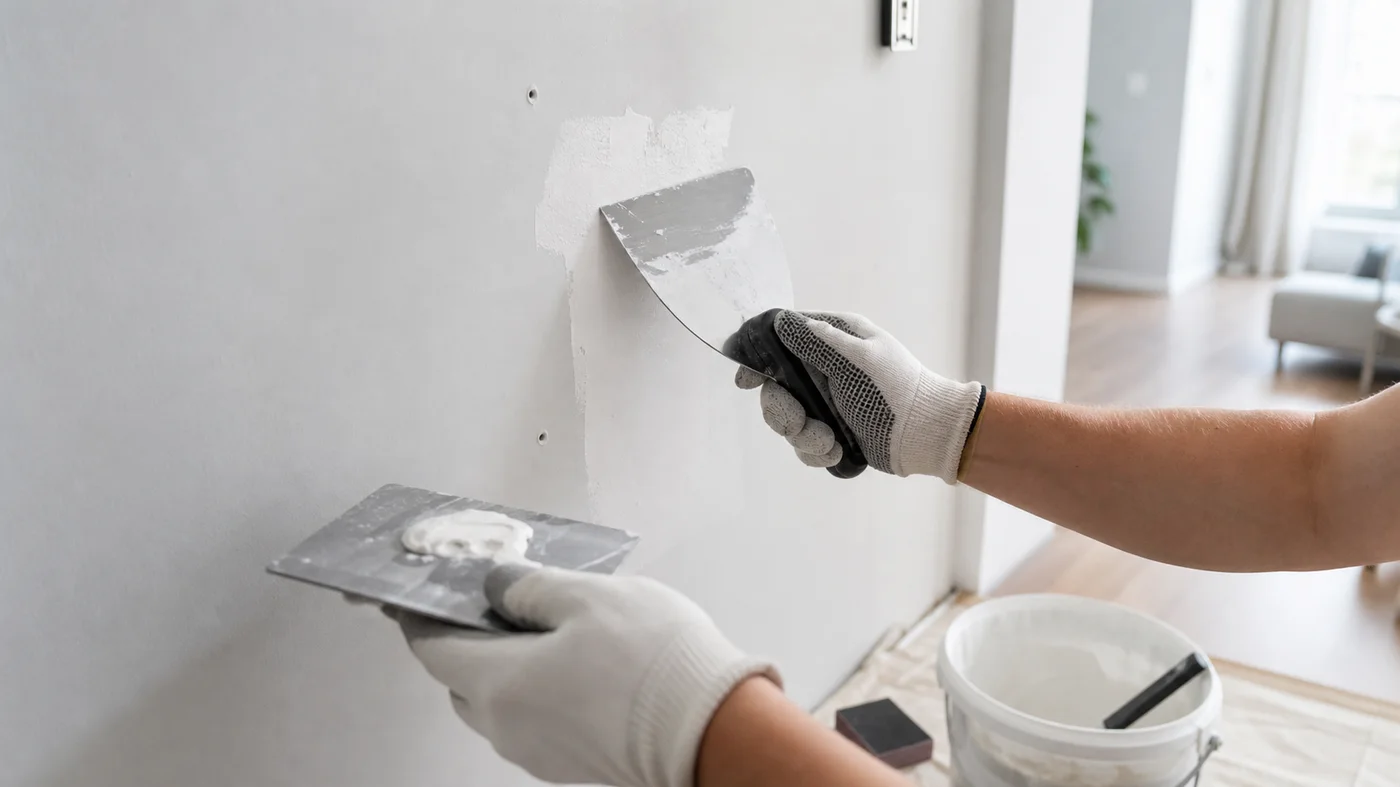 application d une fine couche de platre sur un mur en placo