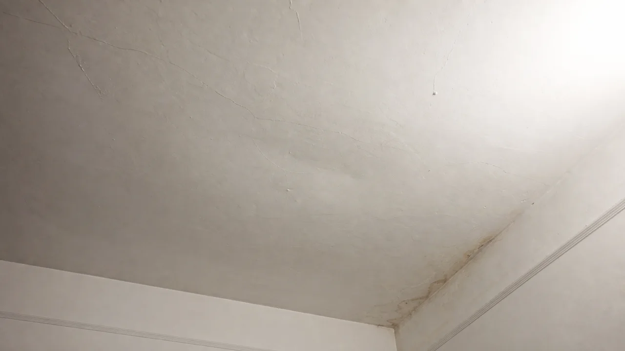 Plafond ancien avec fines fissures et trace d’humidité à diagnostiquer