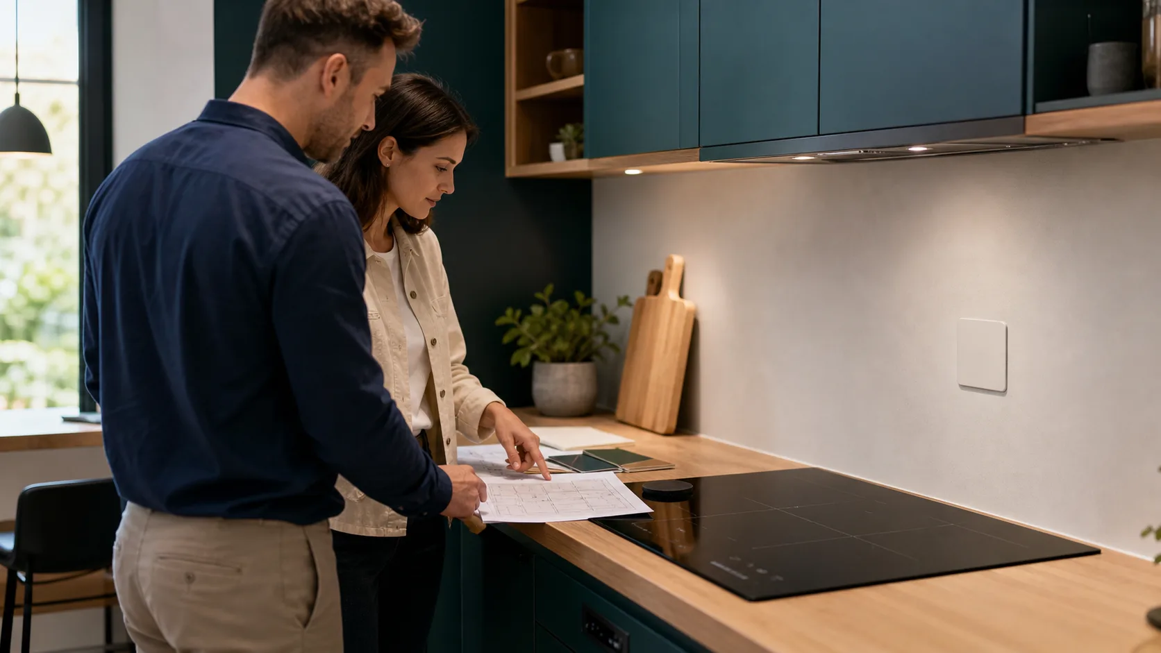 Conception de cuisine avec plaque induction et point de raccordement prévu