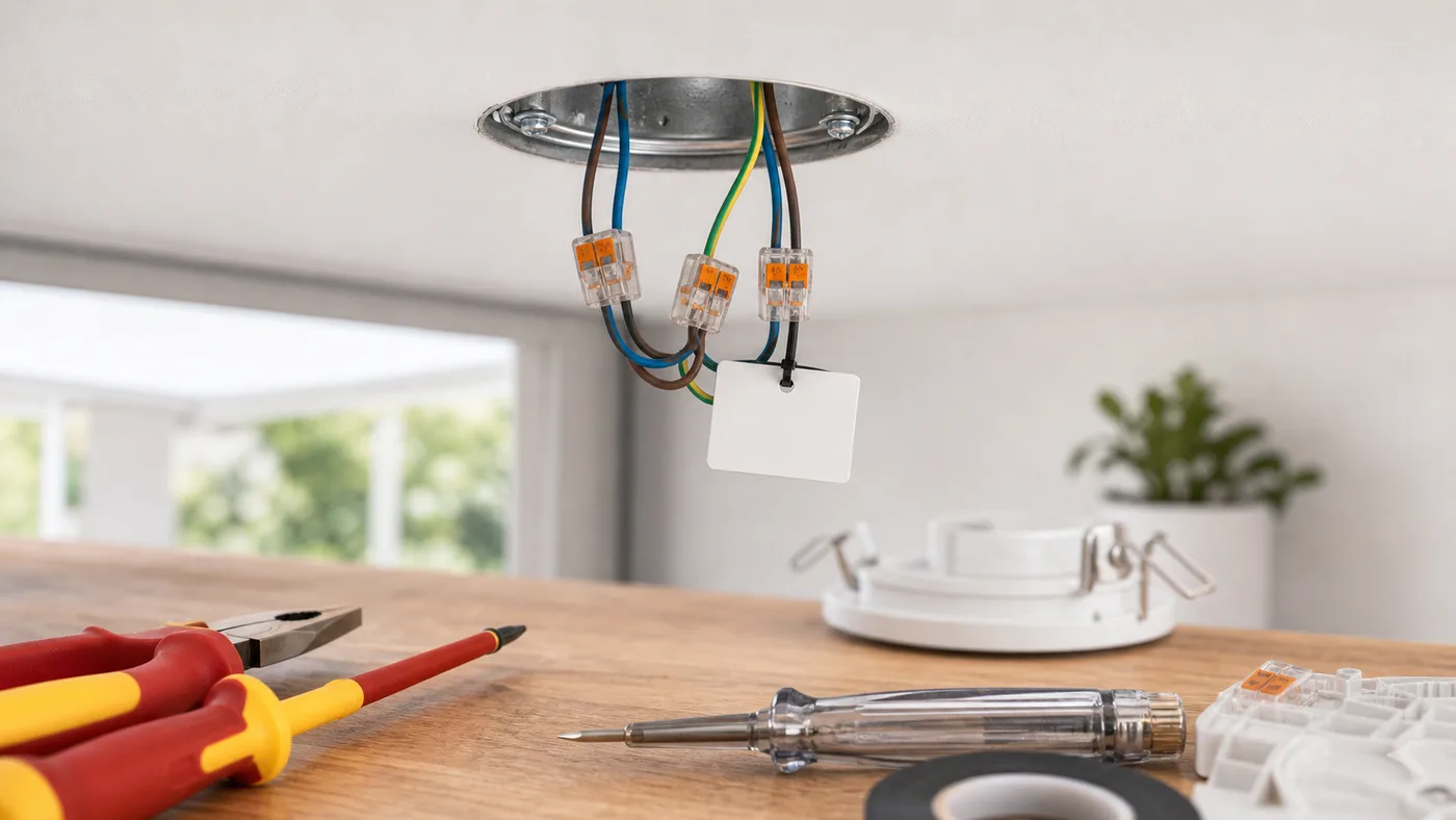 Boîte de connexion de luminaire avec fils repérés et outils isolés