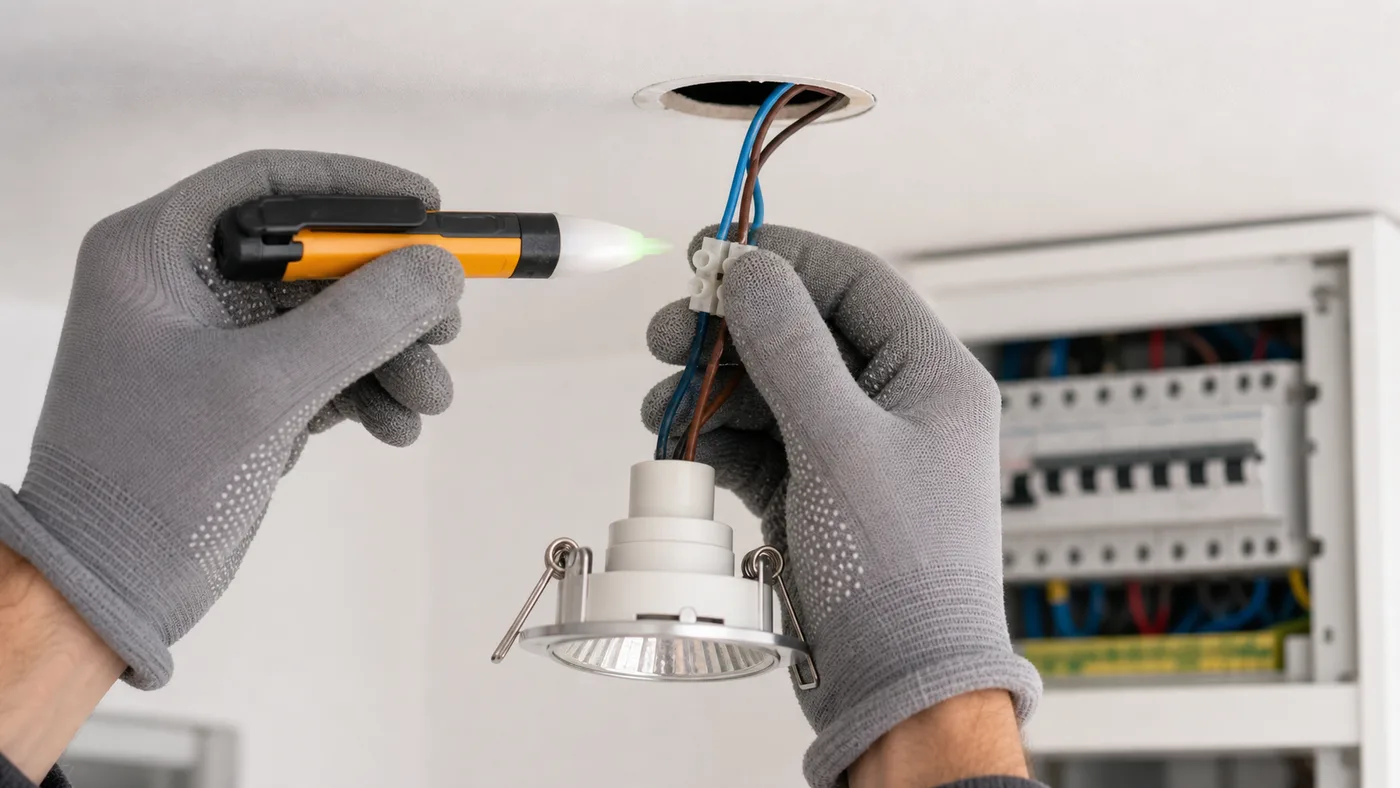 Testeur de tension près d un connecteur de luminaire débranché