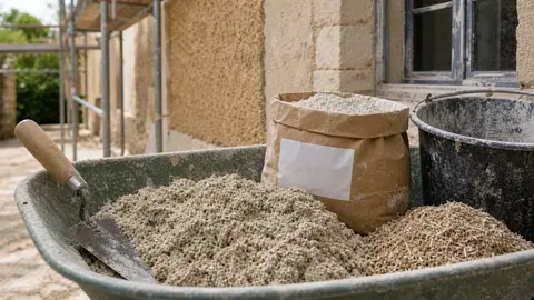 Mélange chaux chanvre dans une brouette avec truelle sur chantier
