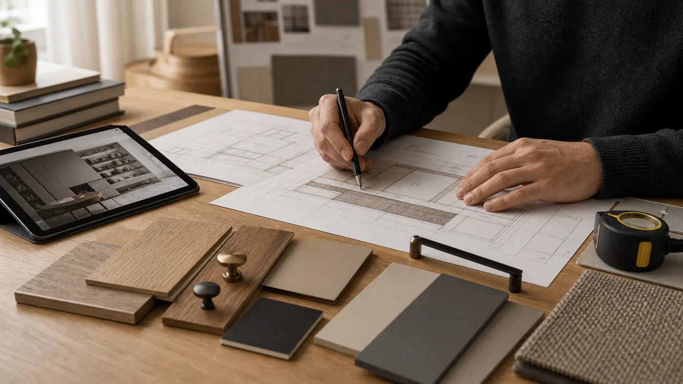 plans et échantillons de matériaux pour meuble sur mesure