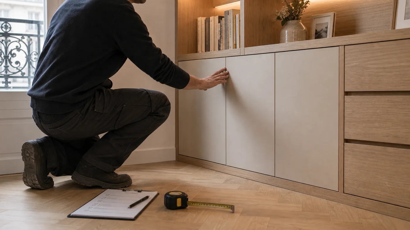 contrôle de pose d un meuble sur mesure avec portes alignées et éclairage intégré