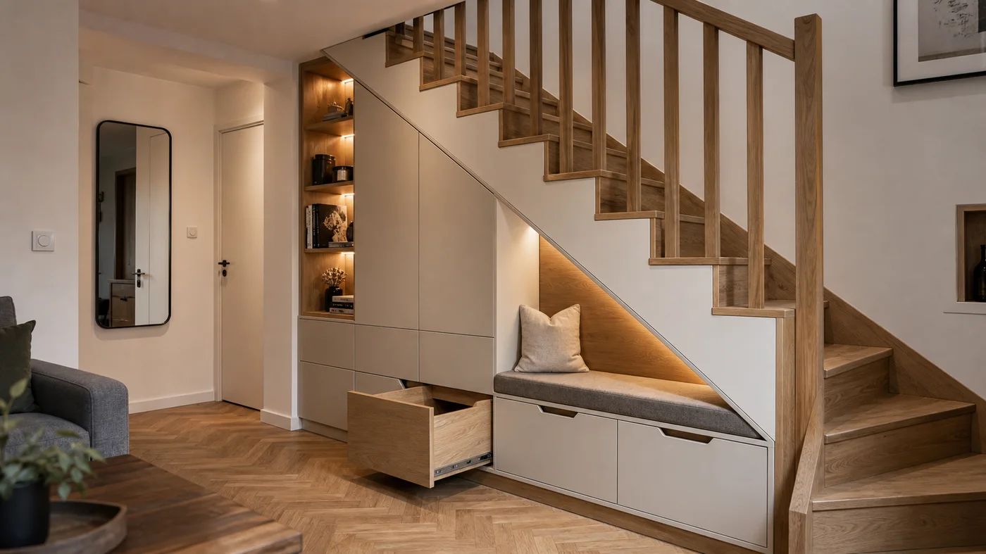 rangement sur mesure sous escalier avec tiroirs intégrés