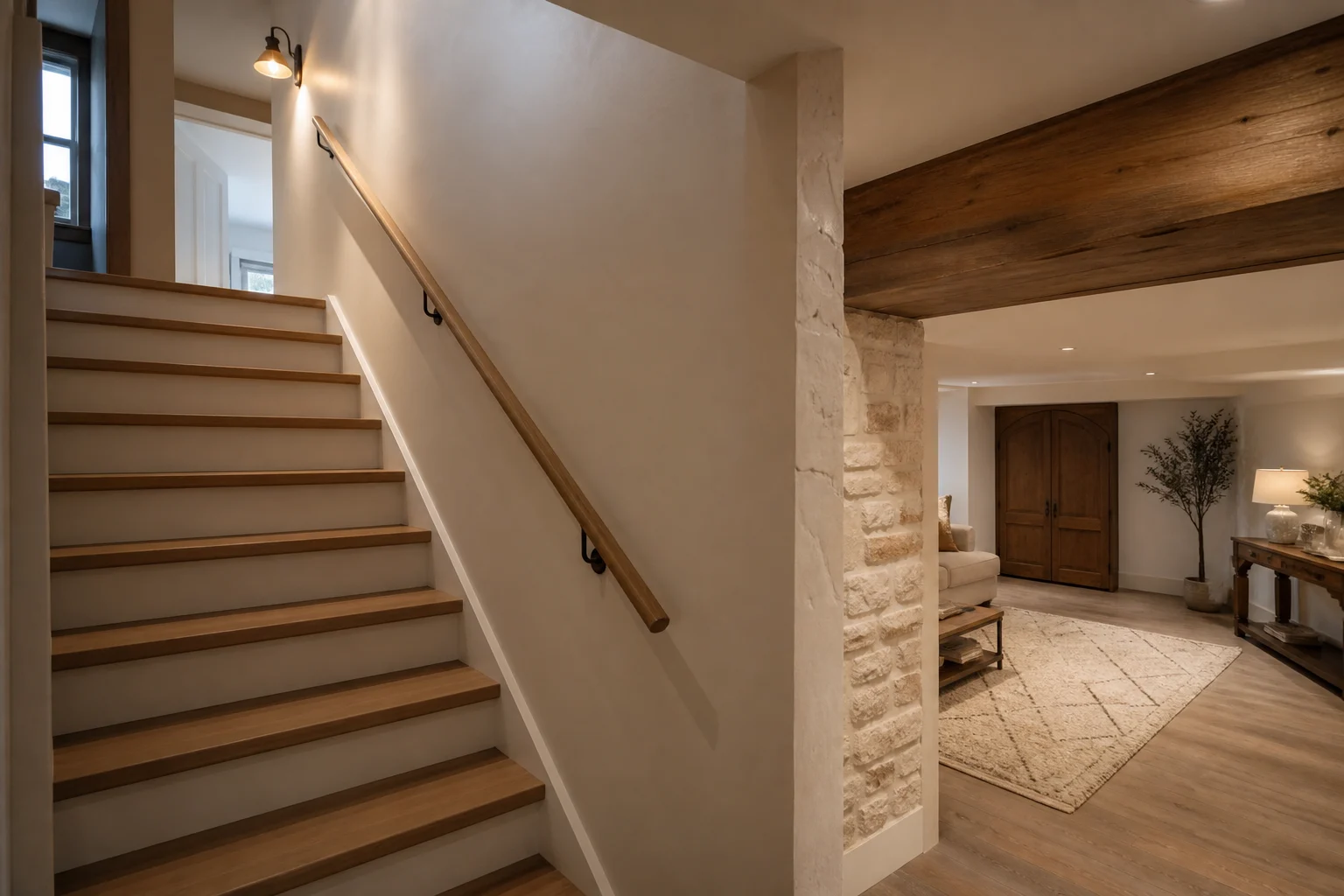 Escalier clair reliant la maison à un sous-sol aménagé et chaleureux