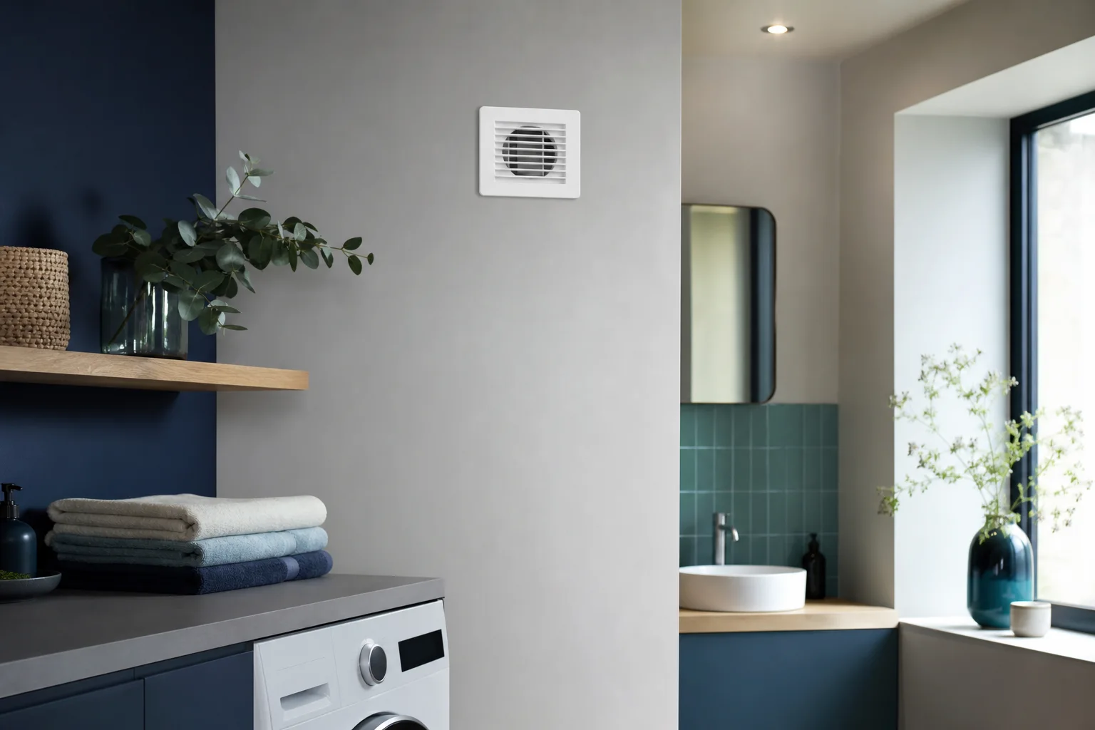 Bouche de ventilation VMC dans une salle d eau rénovée claire et bien ventilée