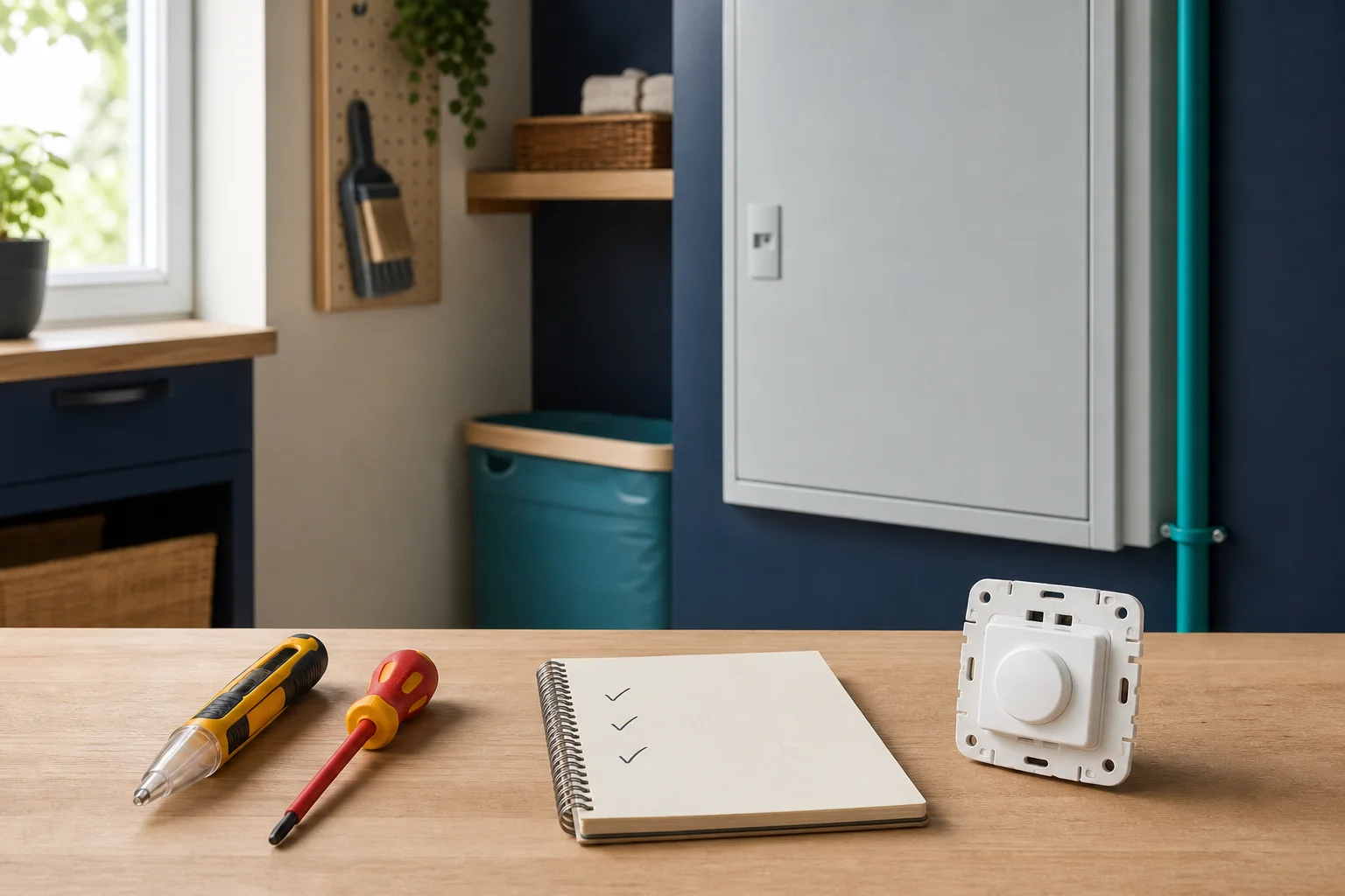 Outils isolés testeur de tension et interrupteur VMC préparés avant intervention