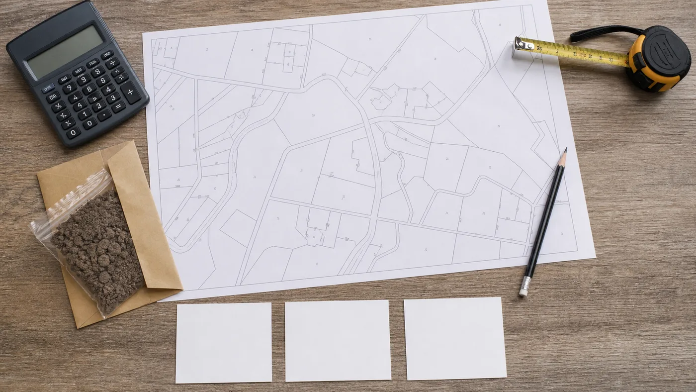 Plan cadastral et calculatrice pour estimer un terrain non constructible