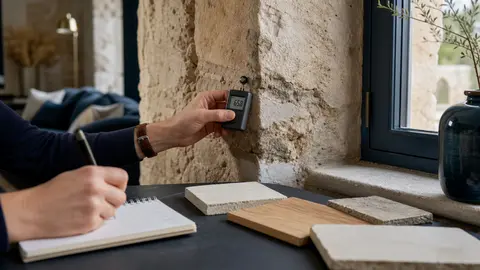 Mesure de l’humidité près d’un mur ancien avec échantillons de matériaux