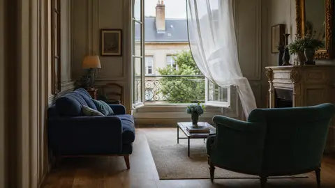 Salon ancien ventilé avec fenêtre ouverte et meubles laissant circuler l’air