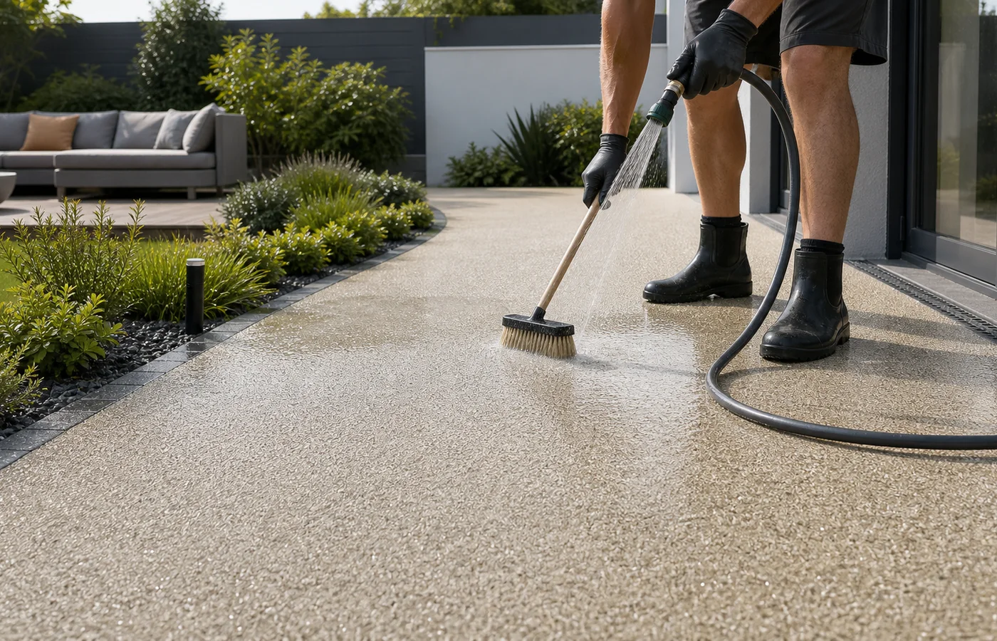 nettoyage doux d’une terrasse en résine avec brosse et eau