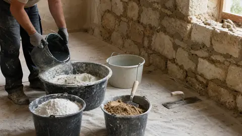 preparation du mortier chaux sable avec seaux doseurs et sable lave