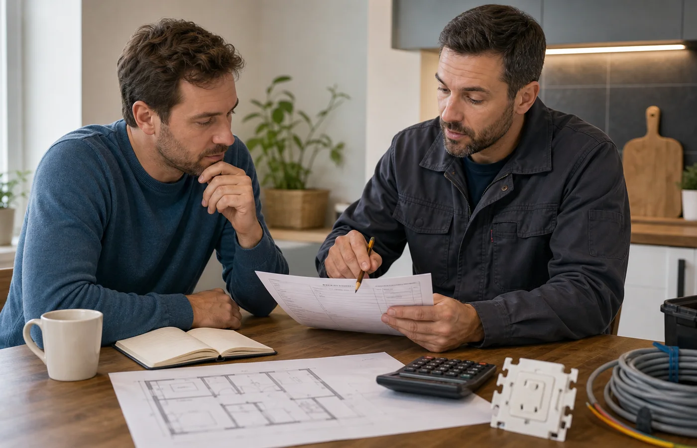 propriétaire et électricien comparant un devis de rénovation électrique avec un plan