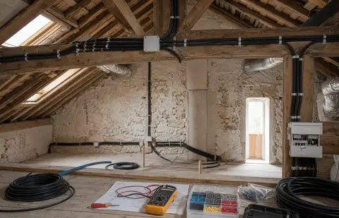 gaines électriques neuves posées proprement dans les combles d’une maison ancienne