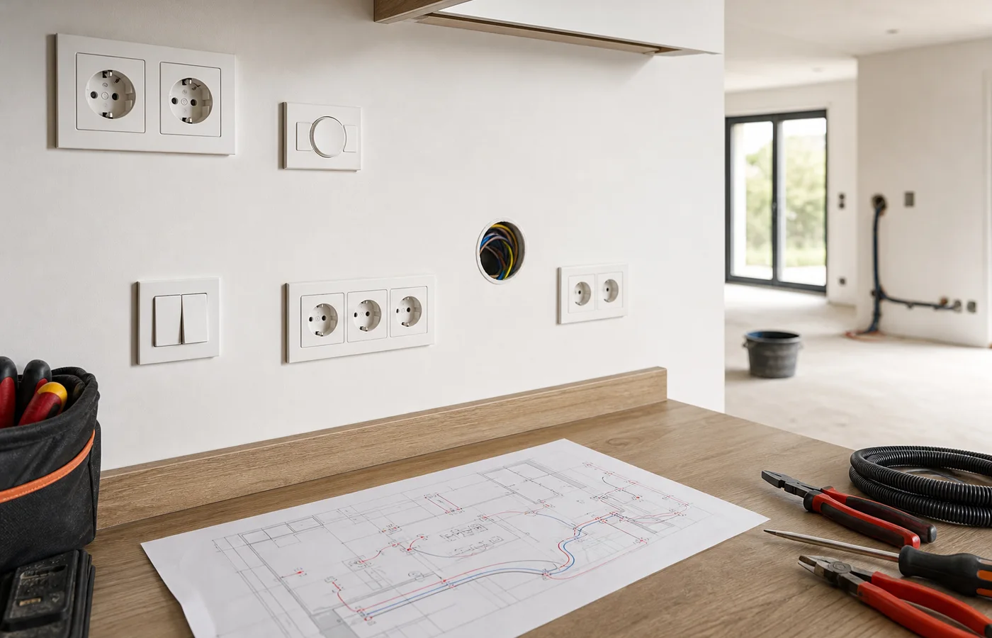 prises et interrupteurs neufs dans une cuisine en rénovation avec plan de câblage