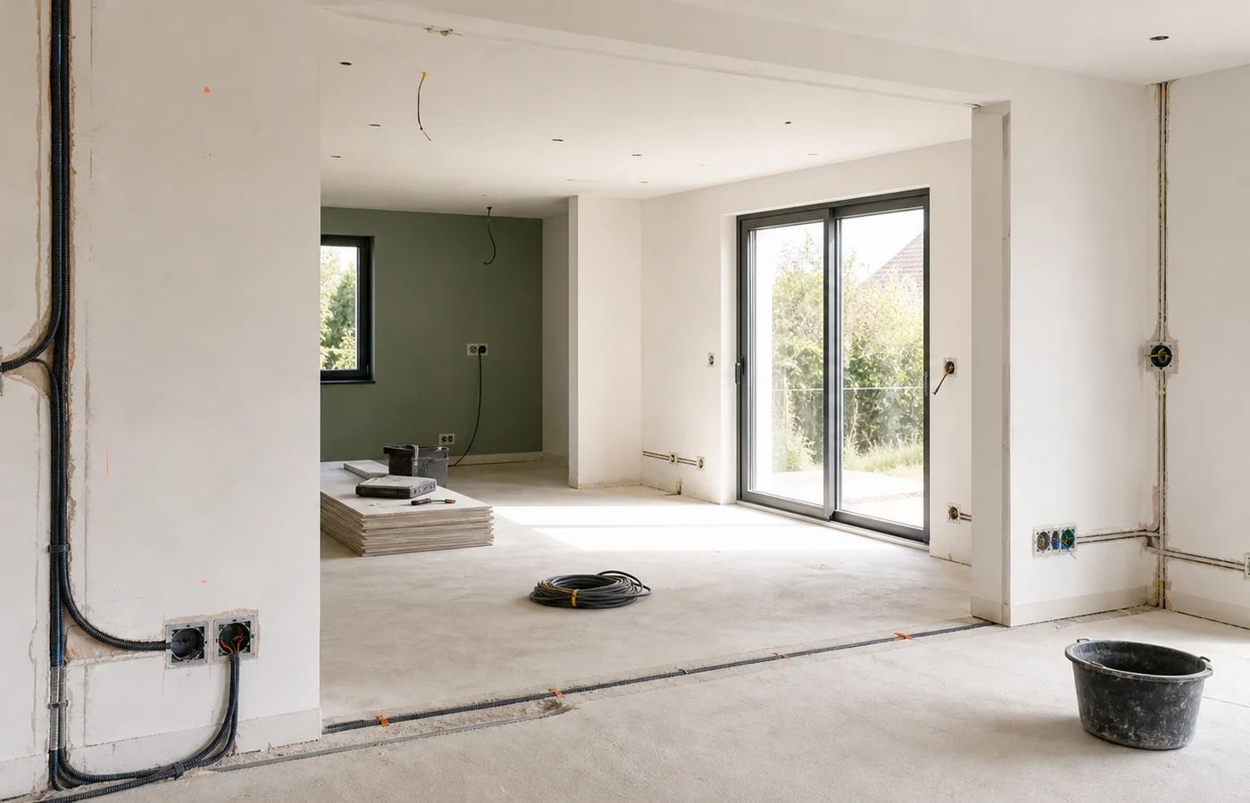 pièce de maison en rénovation avec gaines électriques visibles avant finitions