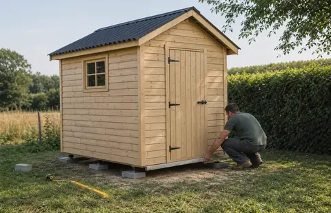 petit cabanon en bois posé sur blocs amovibles avec mètre au sol
