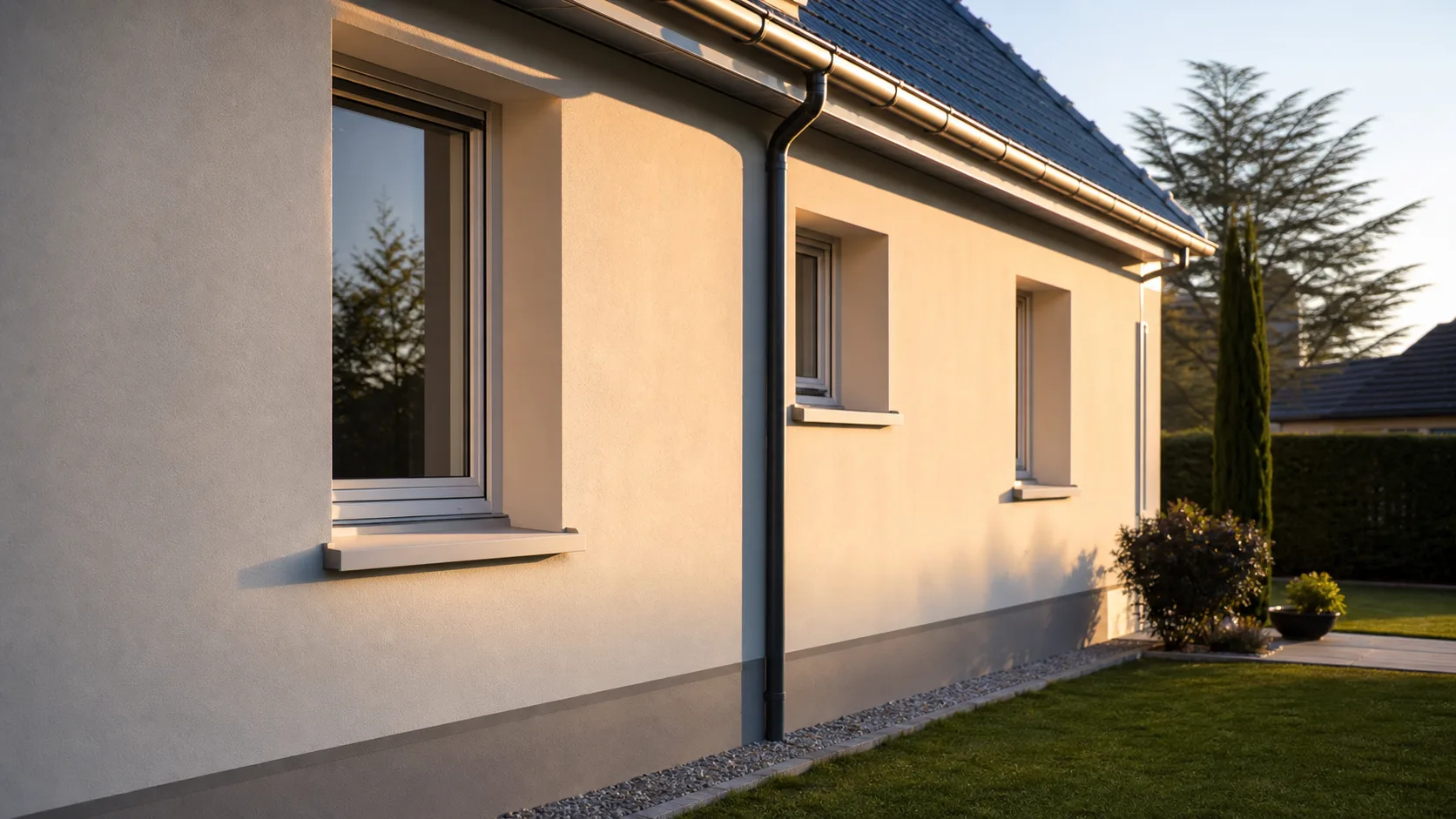 Façade terminée après isolation extérieure avec crépi clair et finitions soignées