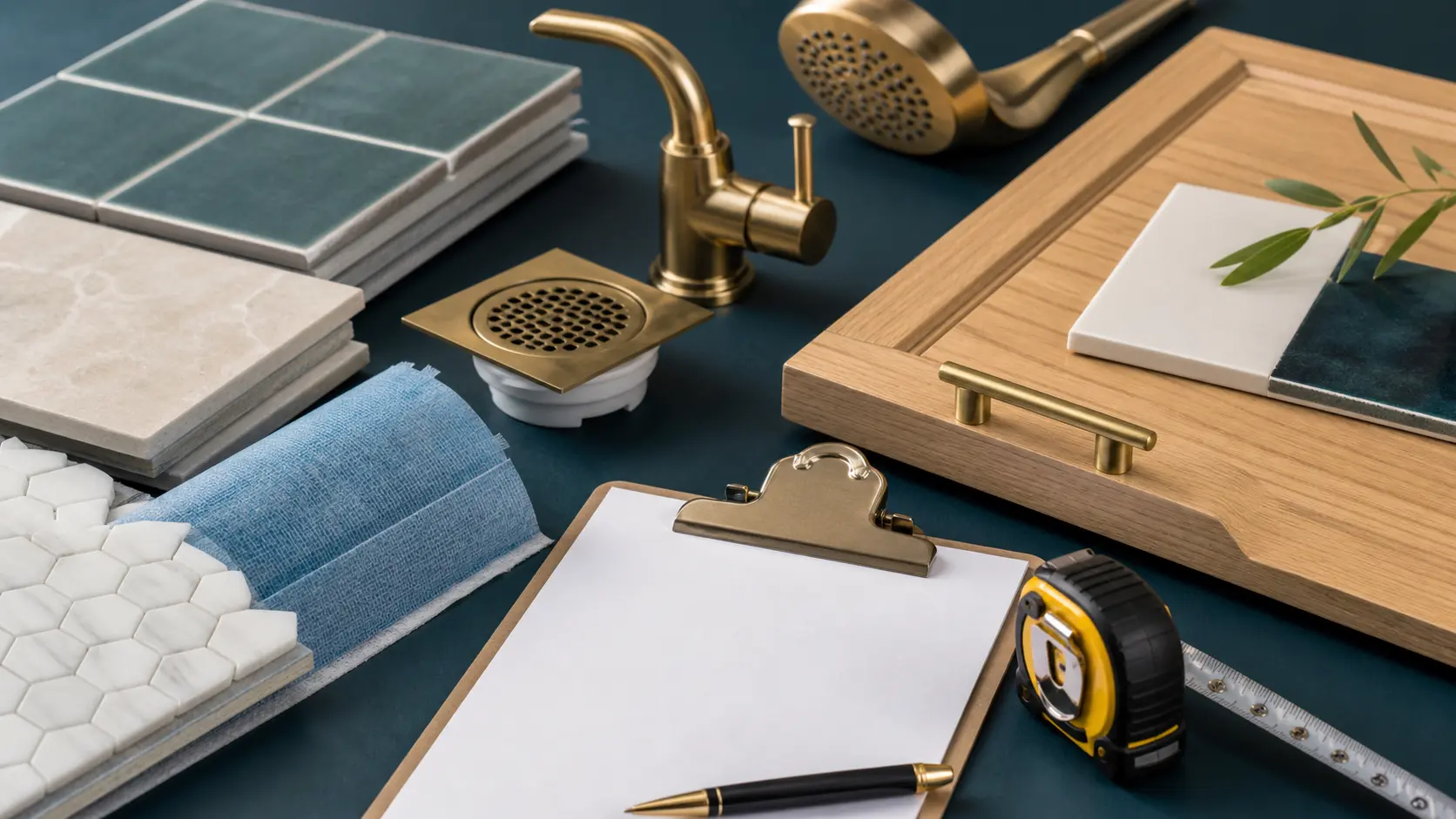 Échantillons de carrelage, robinetterie et matériaux pour chiffrer une rénovation de salle de bain