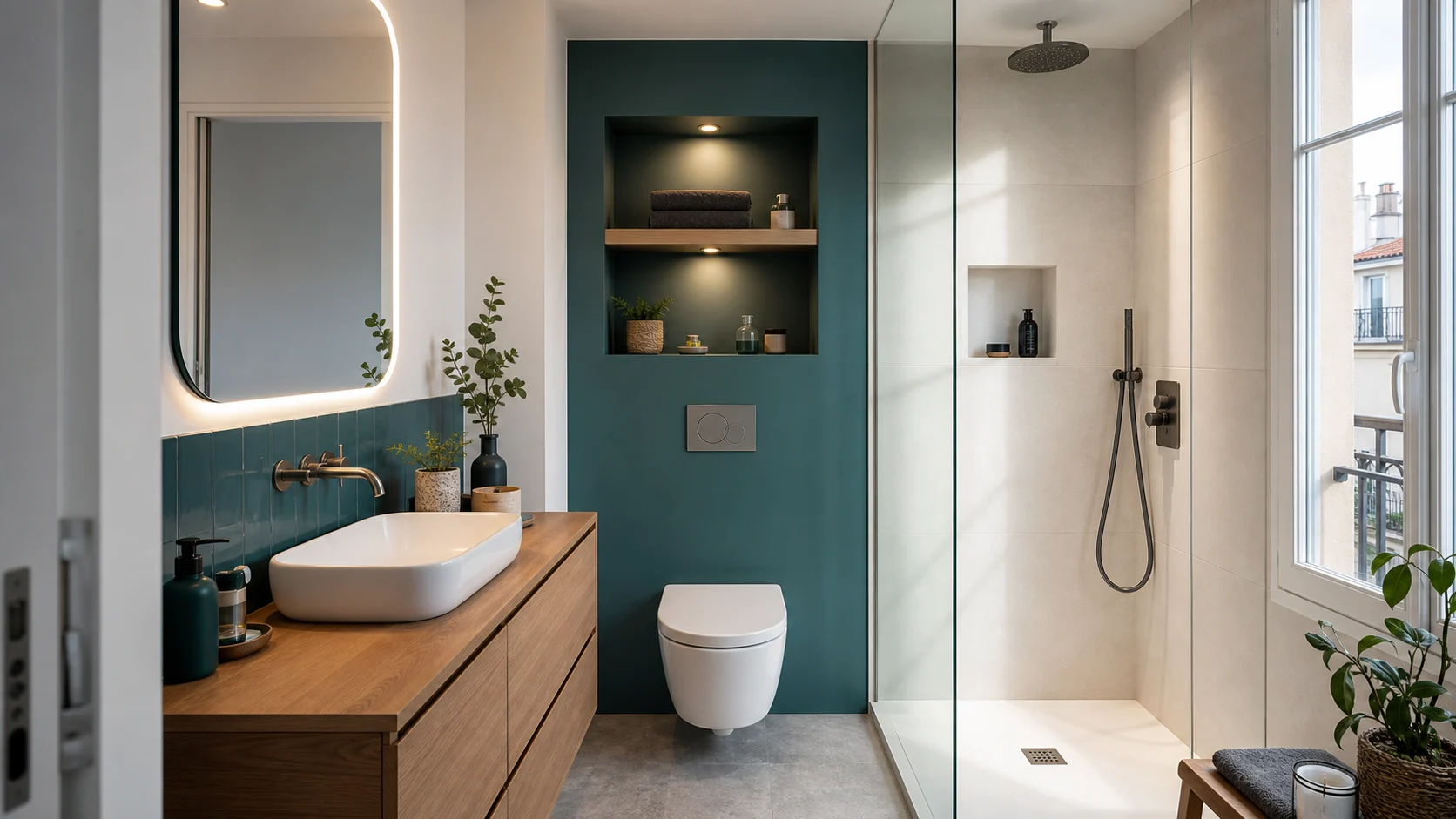 Salle de bain rénovée avec éclairage travaillé, niche murale et meuble bois