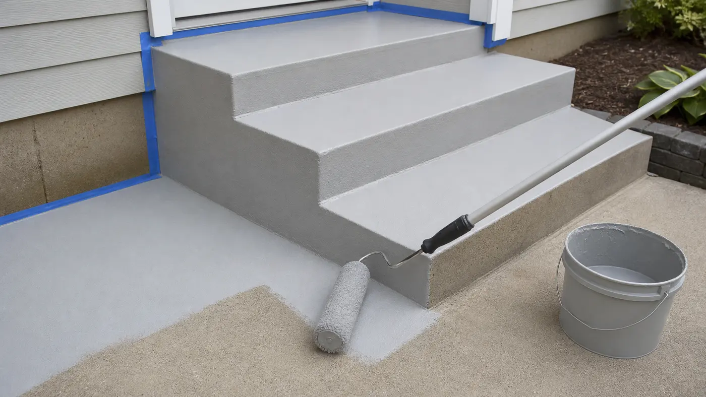 Application d une peinture sur marches en béton extérieur au rouleau