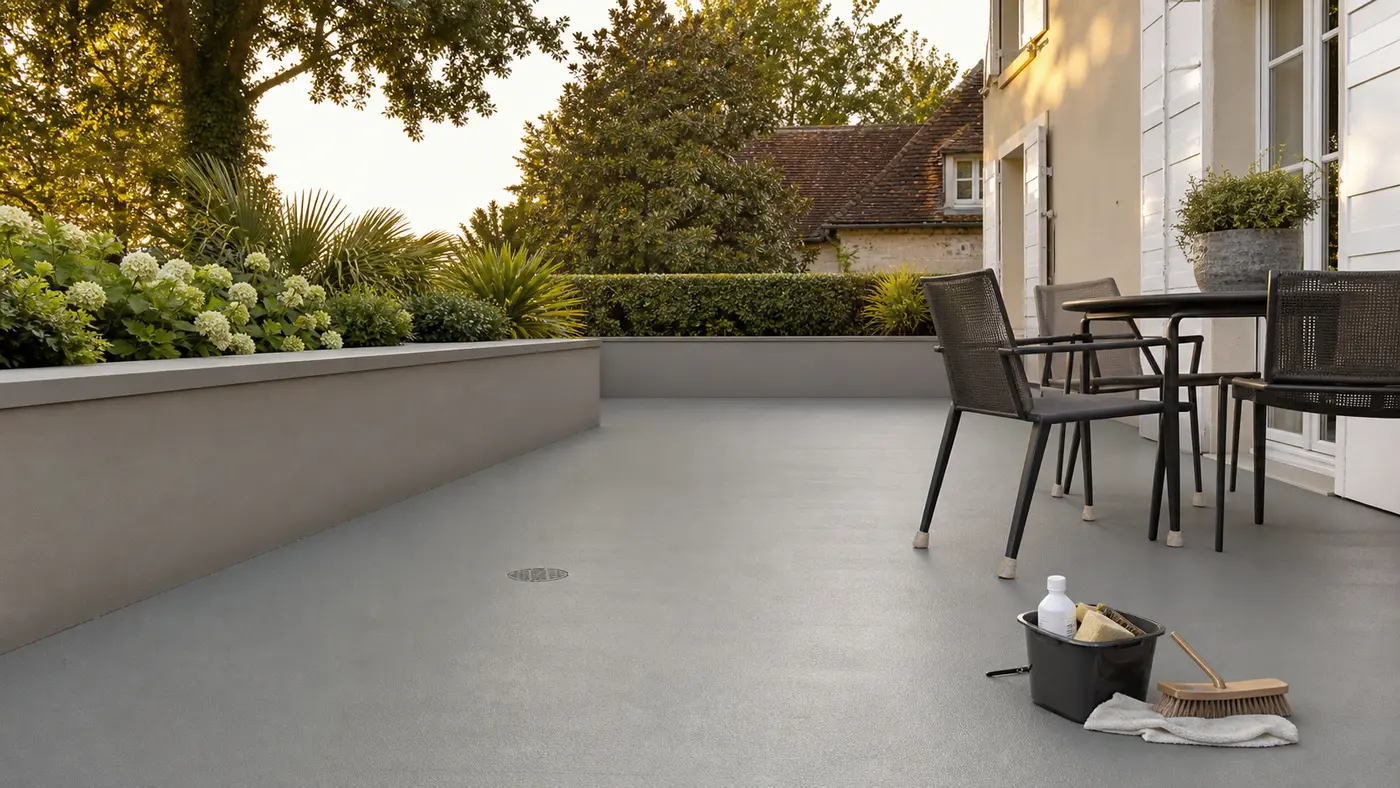 Terrasse en béton peint avec mobilier et kit d entretien