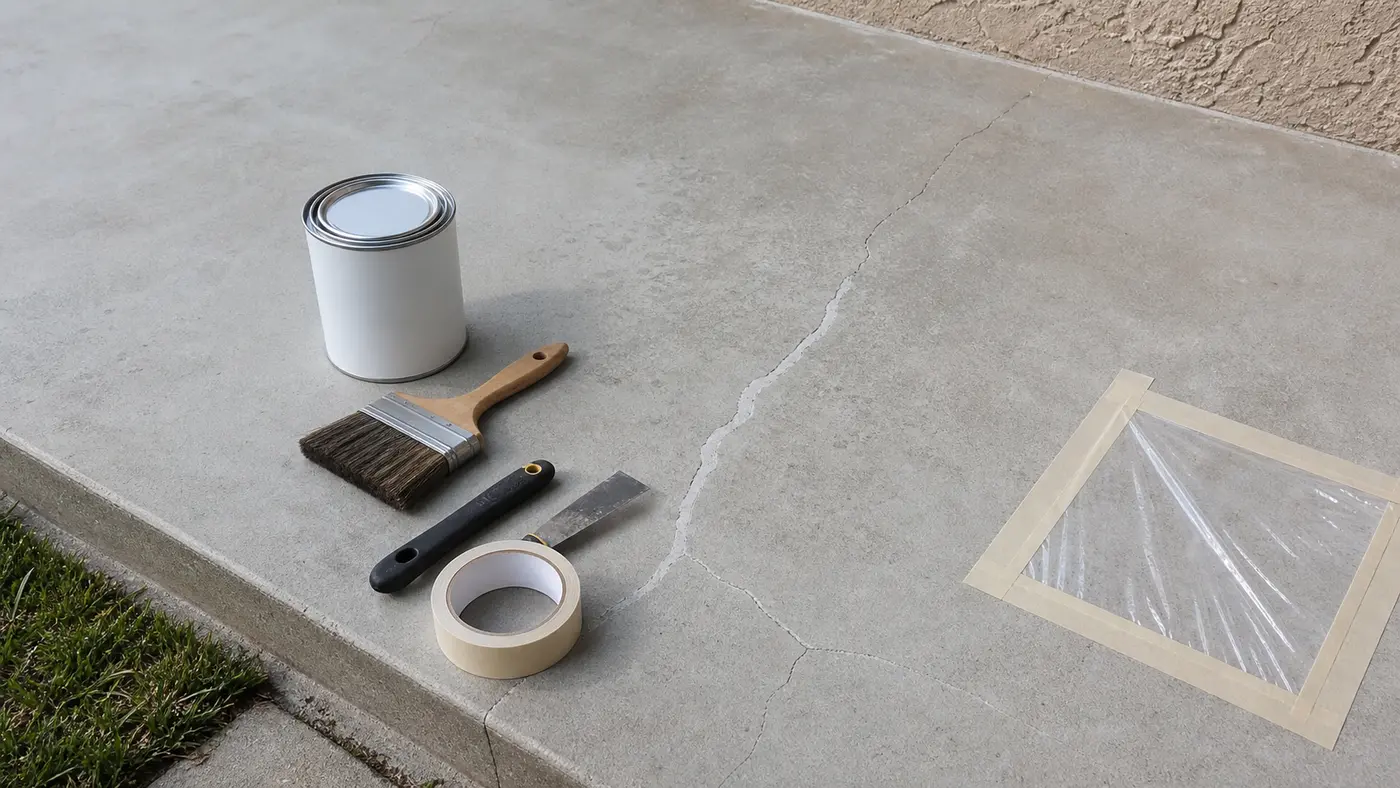 Béton extérieur nettoyé avec fissure réparée et test humidité