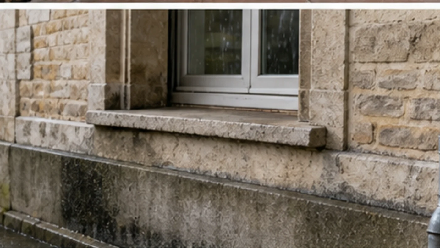 Façade ancienne sous la pluie avec soubassement, fenêtre et descente d’eau à vérifier.