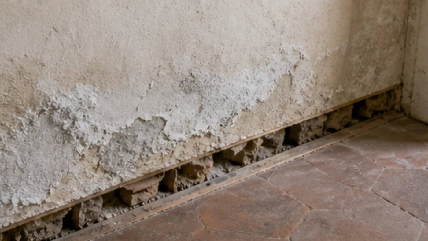 Bas de mur ancien avec traces de salpêtre et enduit dégradé par l’humidité.