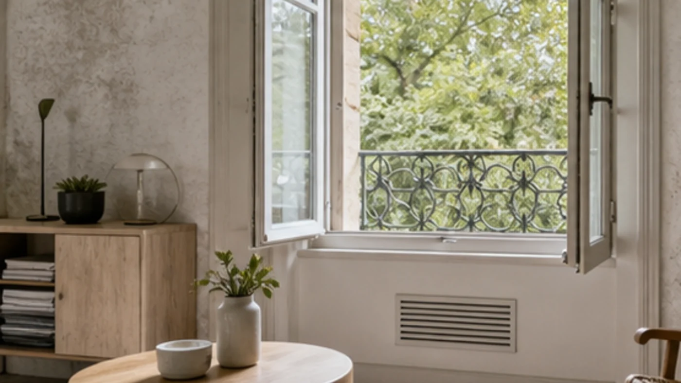 Pièce ancienne ventilée avec fenêtre ouverte, grille d’aération et hygromètre mural.