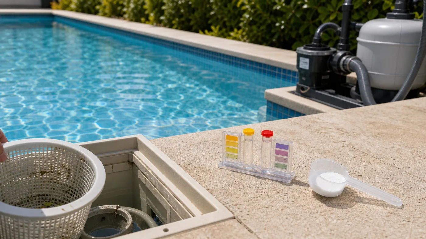 Zone de filtration de piscine avec kit de test et doseur