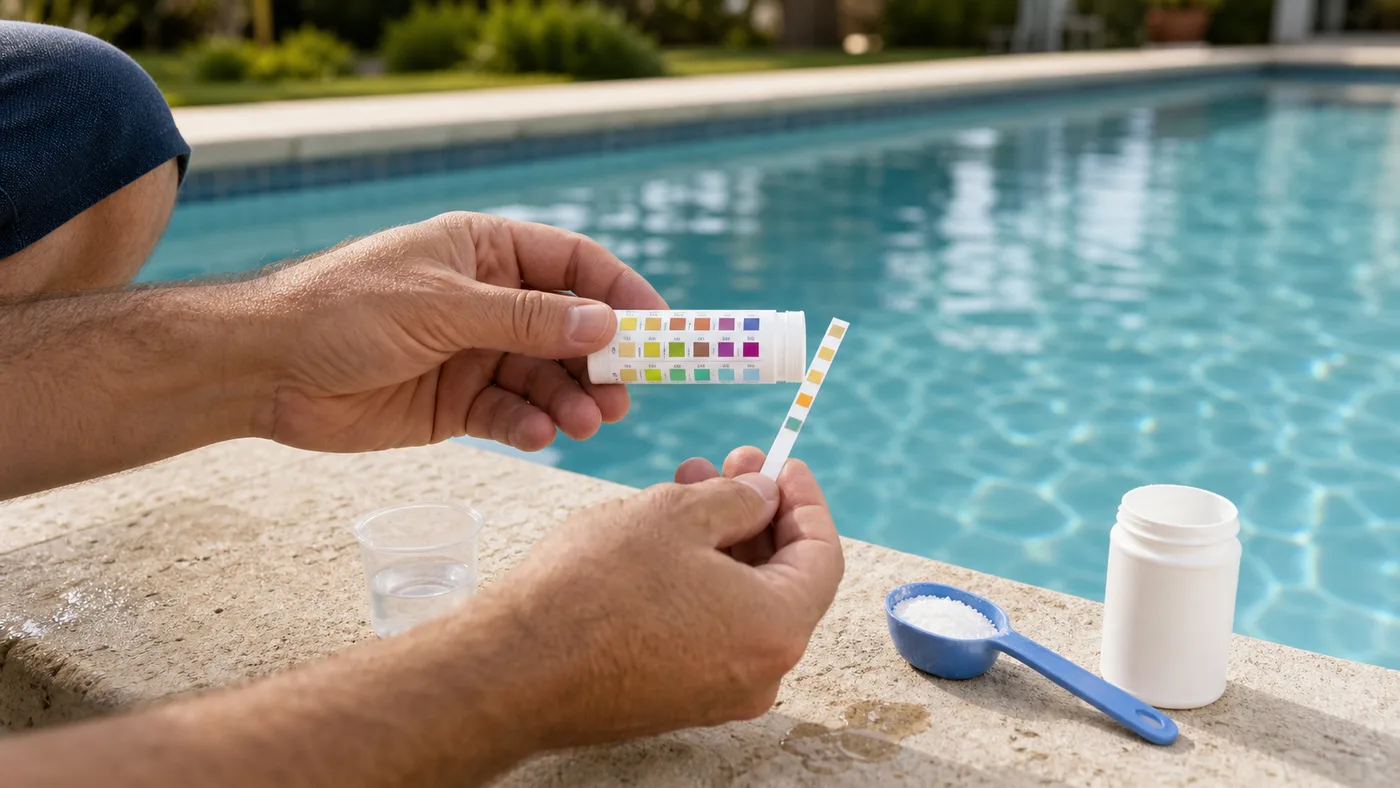 Contrôle de l eau de piscine avec bandelette de test