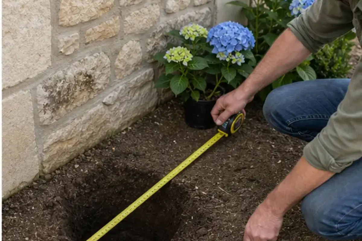 Mesure de la distance entre un mur et le futur trou de plantation d’un hortensia