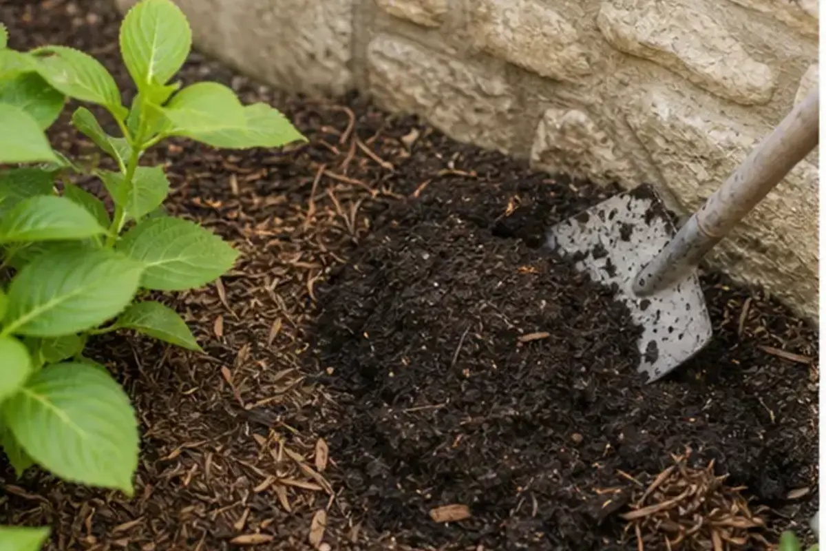 Préparation du sol et du paillage au pied d’un mur avant de planter un hortensia