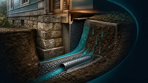 Coupe technique illustrant un drain périphérique au pied de fondations anciennes.