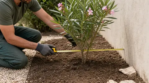 Mesure de la distance entre un jeune laurier rose et un mur de jardin