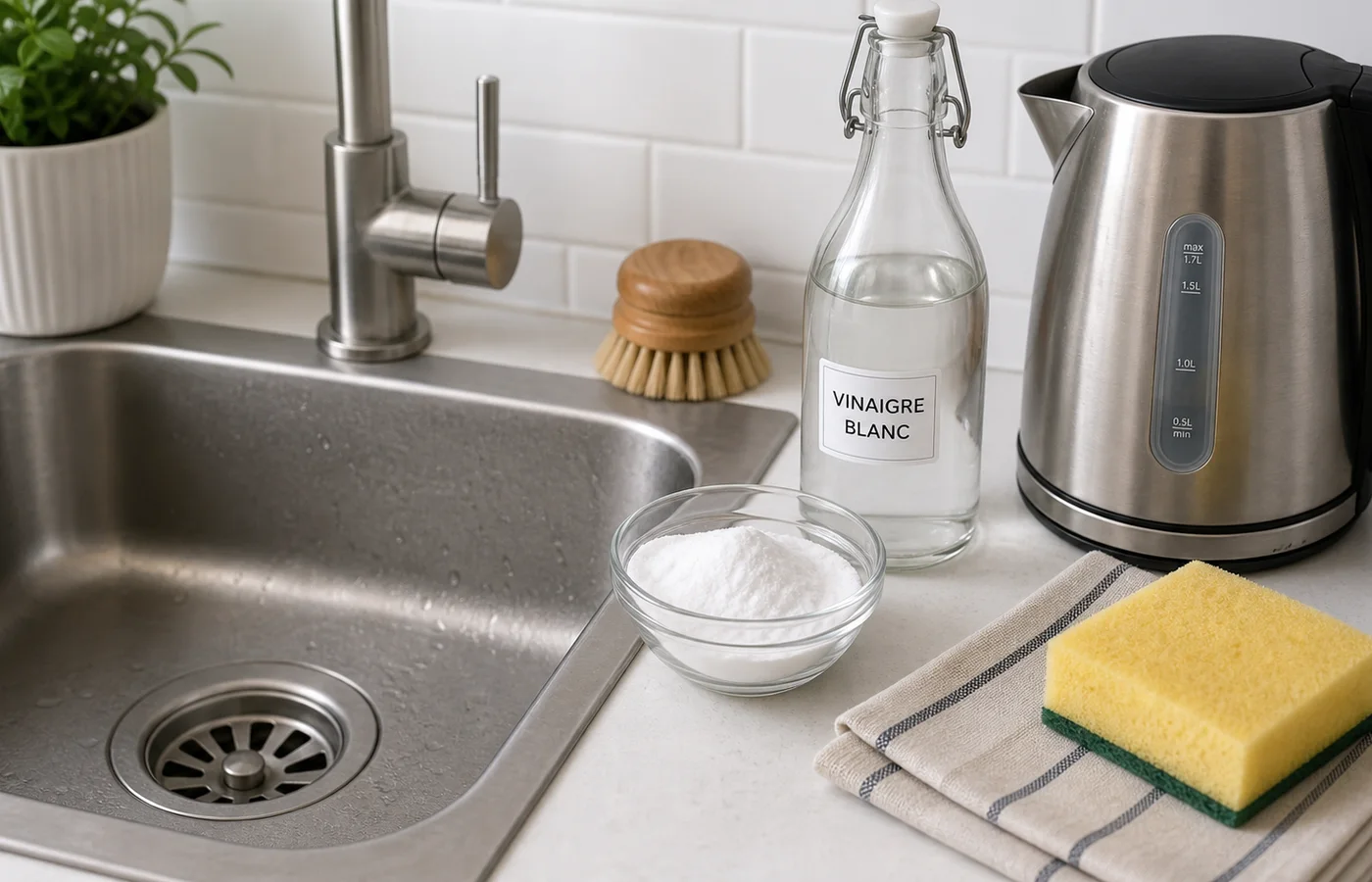 entretien naturel d’une évacuation avec bicarbonate vinaigre et eau chaude