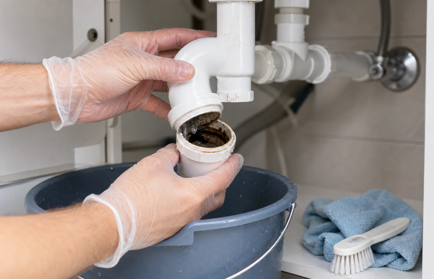 nettoyage manuel d’un siphon de lavabo au-dessus d’un seau