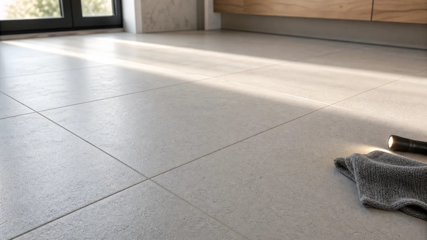 carrelage propre contrôlé à la lumière rasante avec chiffon microfibre sec