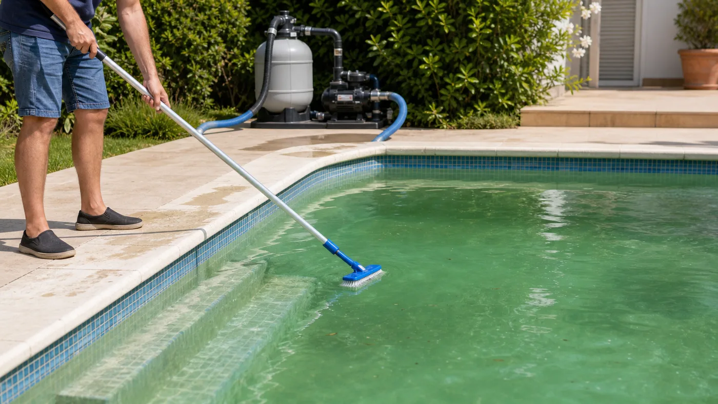 Brossage des parois d une piscine verte avec filtration en marche