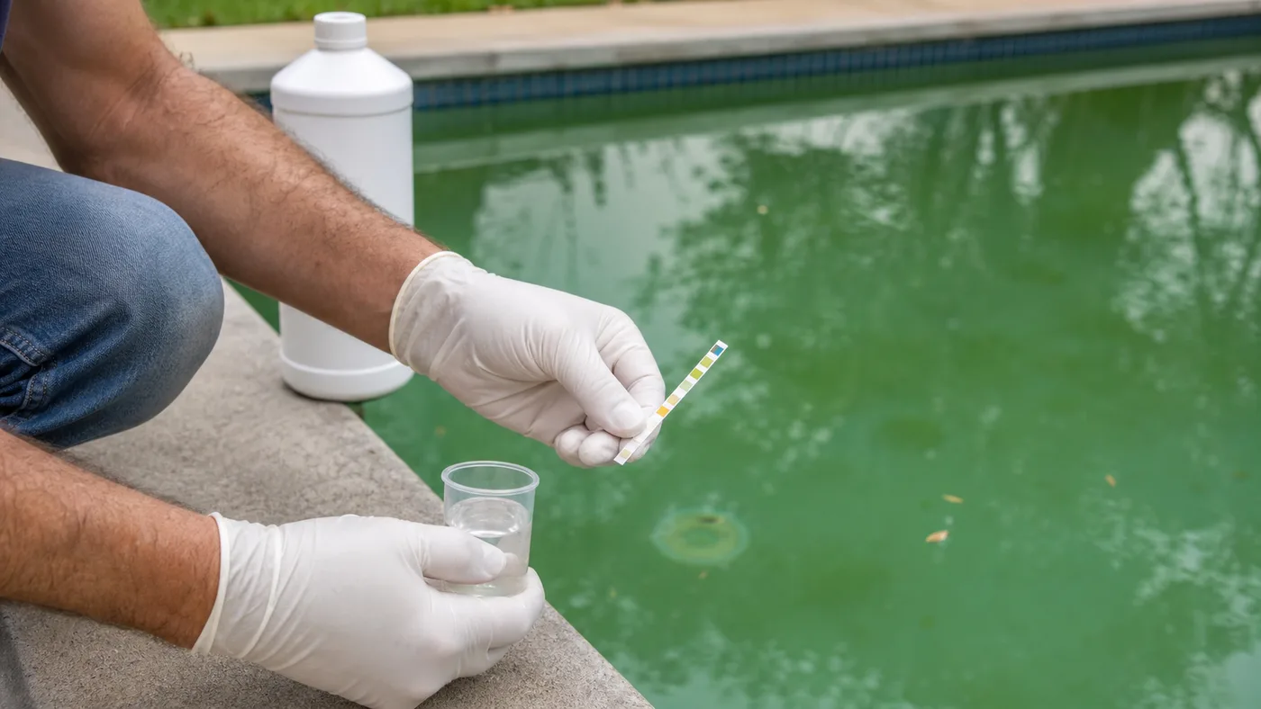 Contrôle de l eau de piscine avec gants et bandelettes de test