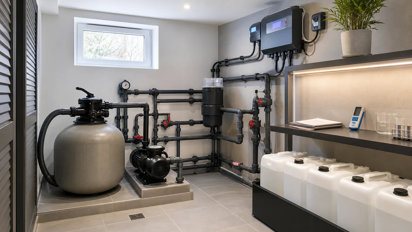 local technique de piscine avec filtration et produits ranges