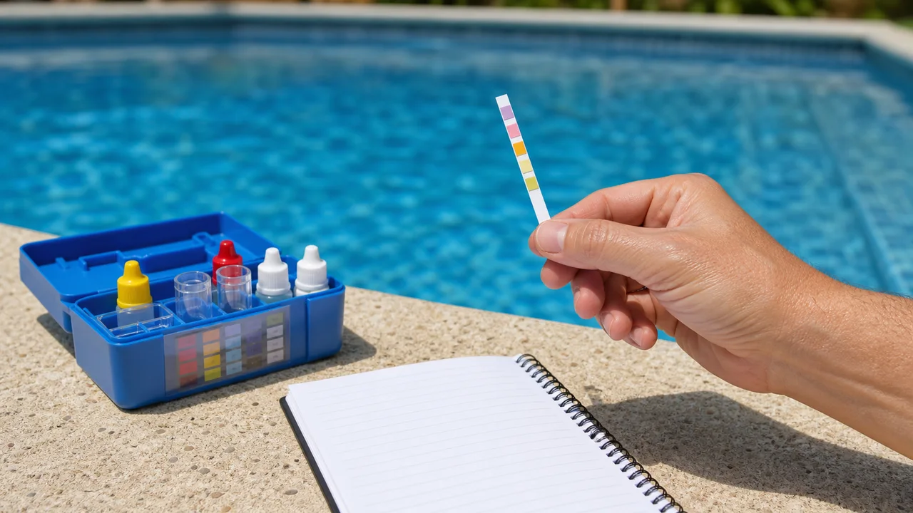 Test de l’eau d’une piscine au sel avec bandelette
