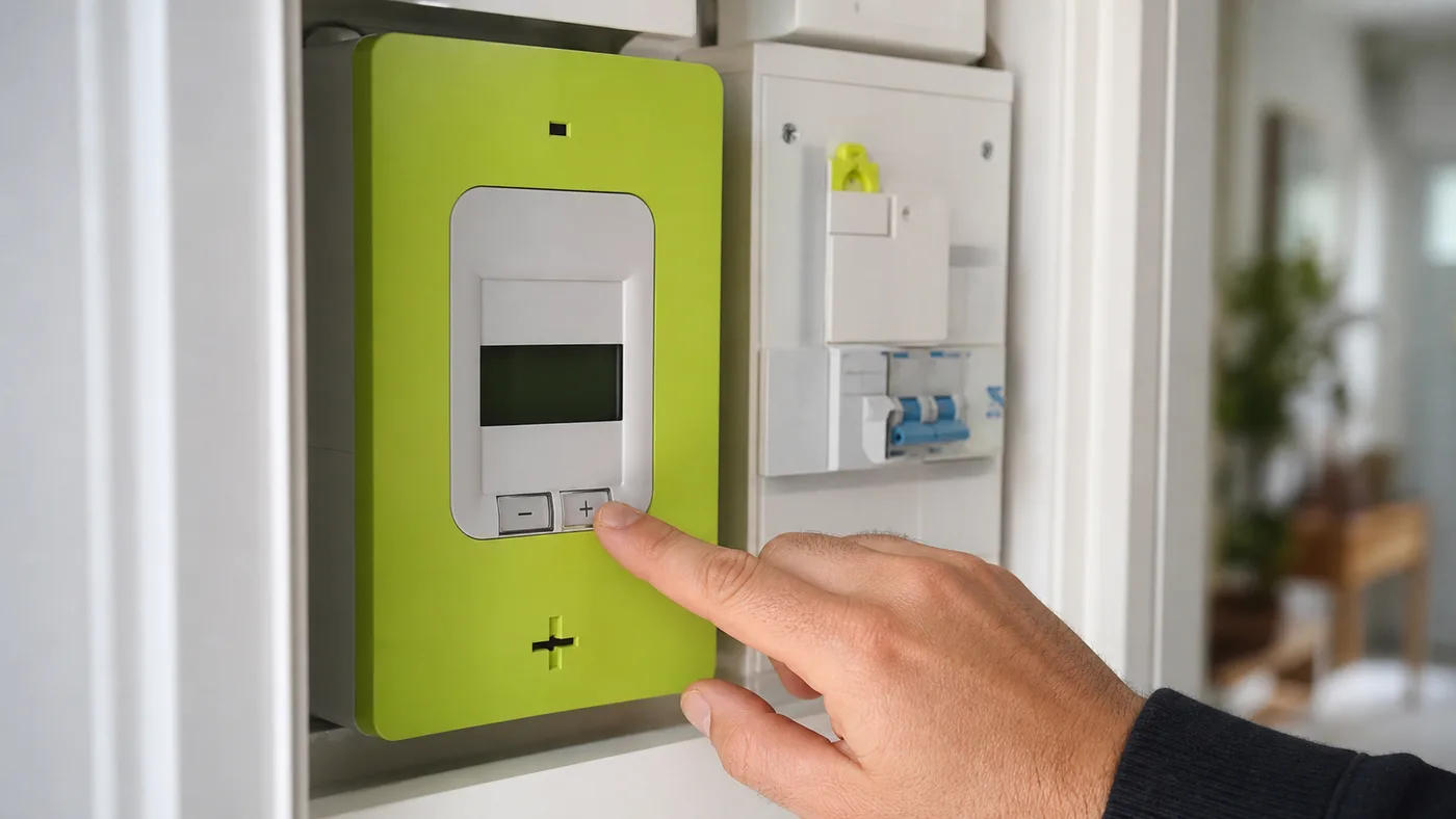 Doigt appuyant sur le bouton plus d un compteur Linky
