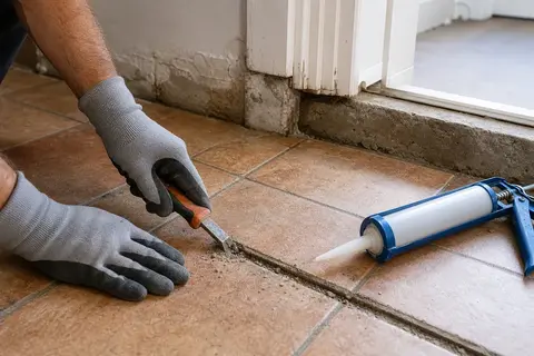 Réparation de joints de carrelage près d’un seuil dans une maison ancienne