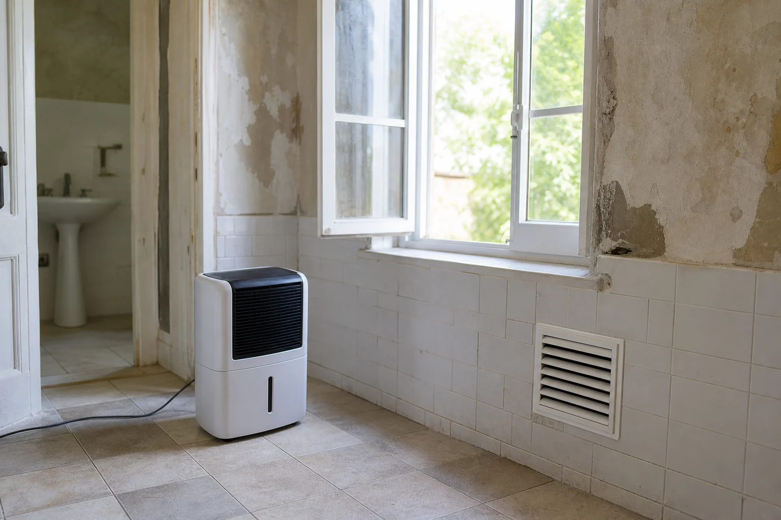Déshumidificateur et ventilation dans une pièce carrelée ancienne