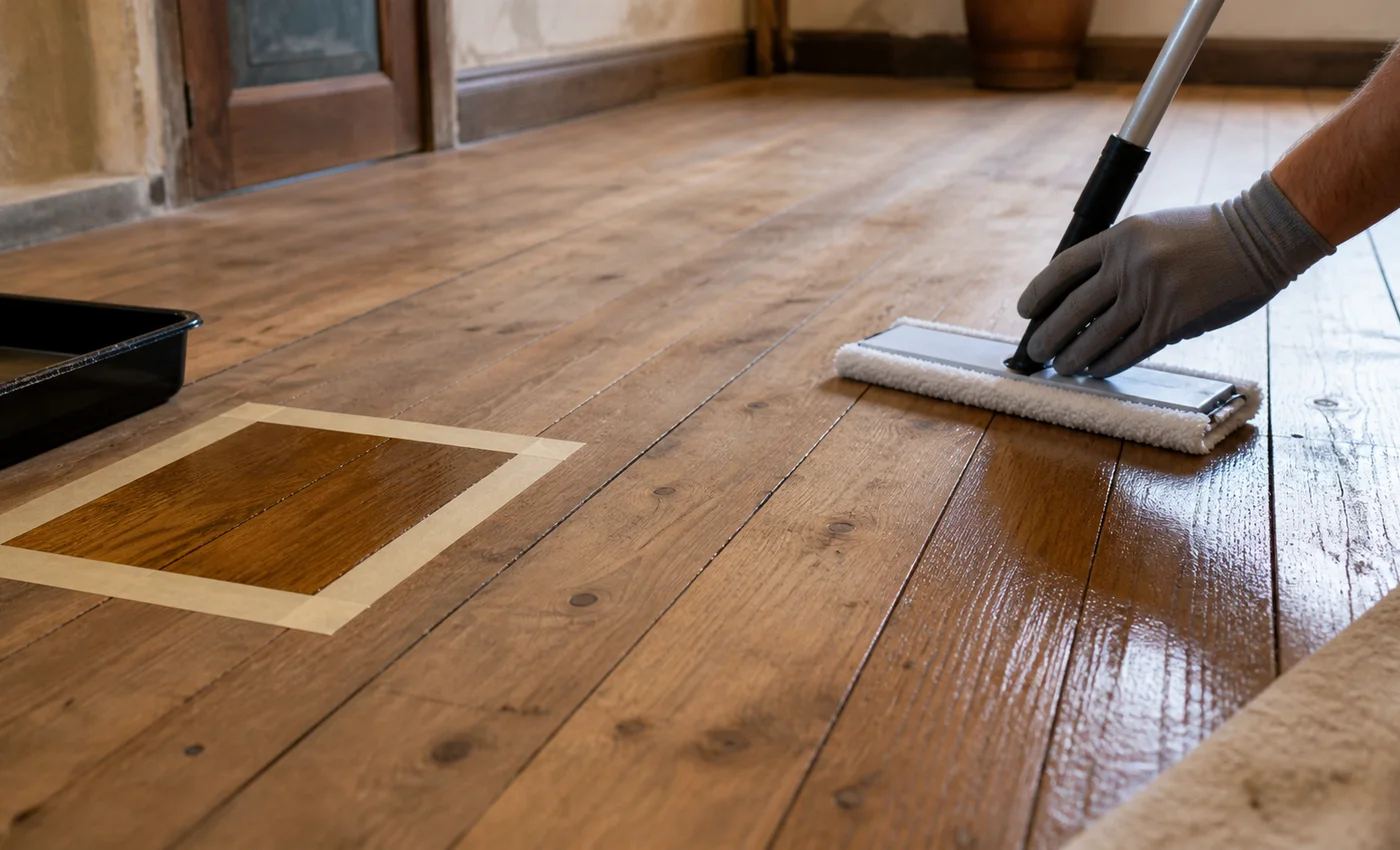 application d un rénovateur satiné sur parquet ancien avec pad microfibre