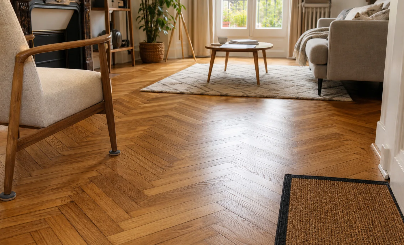 parquet ancien rénové avec finition satinée et protections sous les meubles