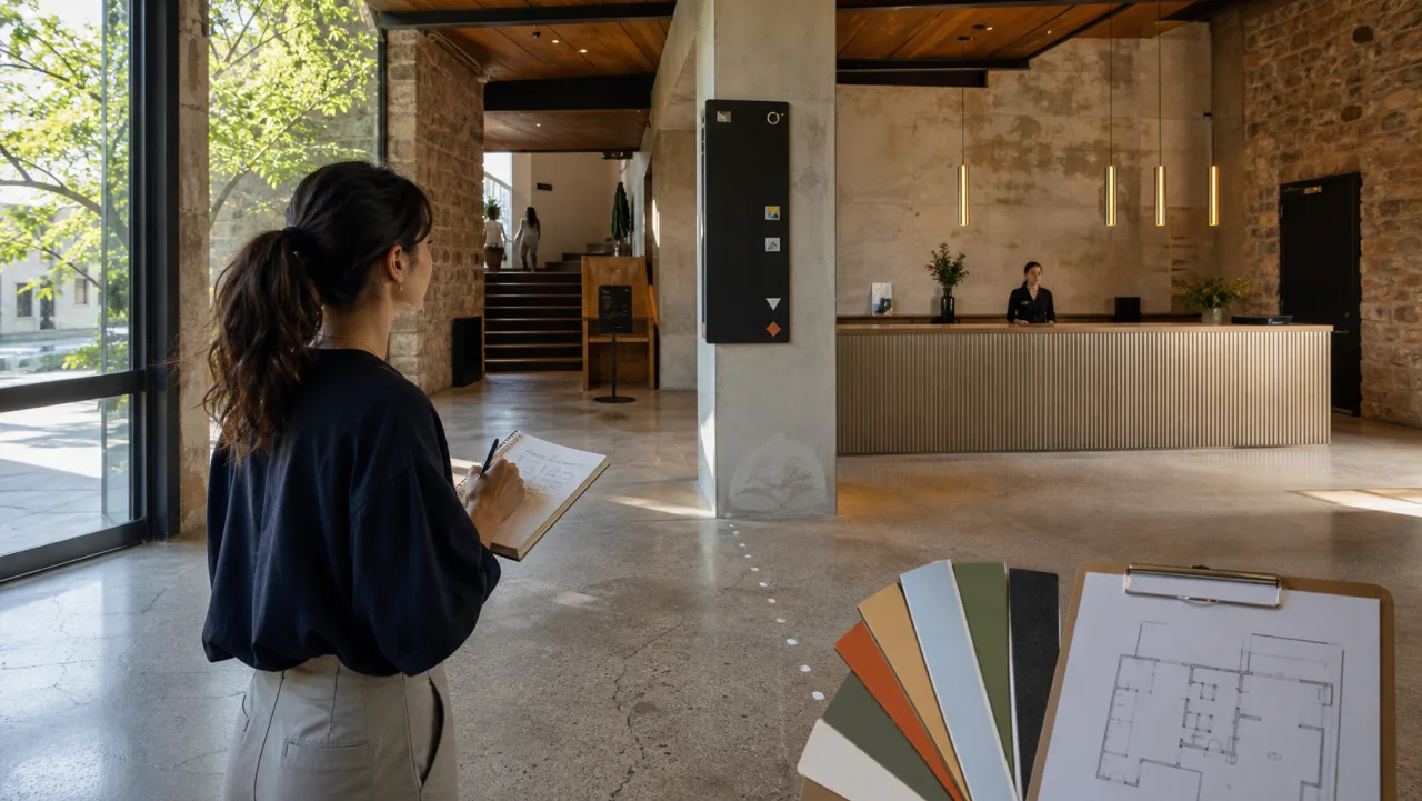 Designer observant l’accueil, la signalétique et les parcours d’un lieu avant refonte visuelle